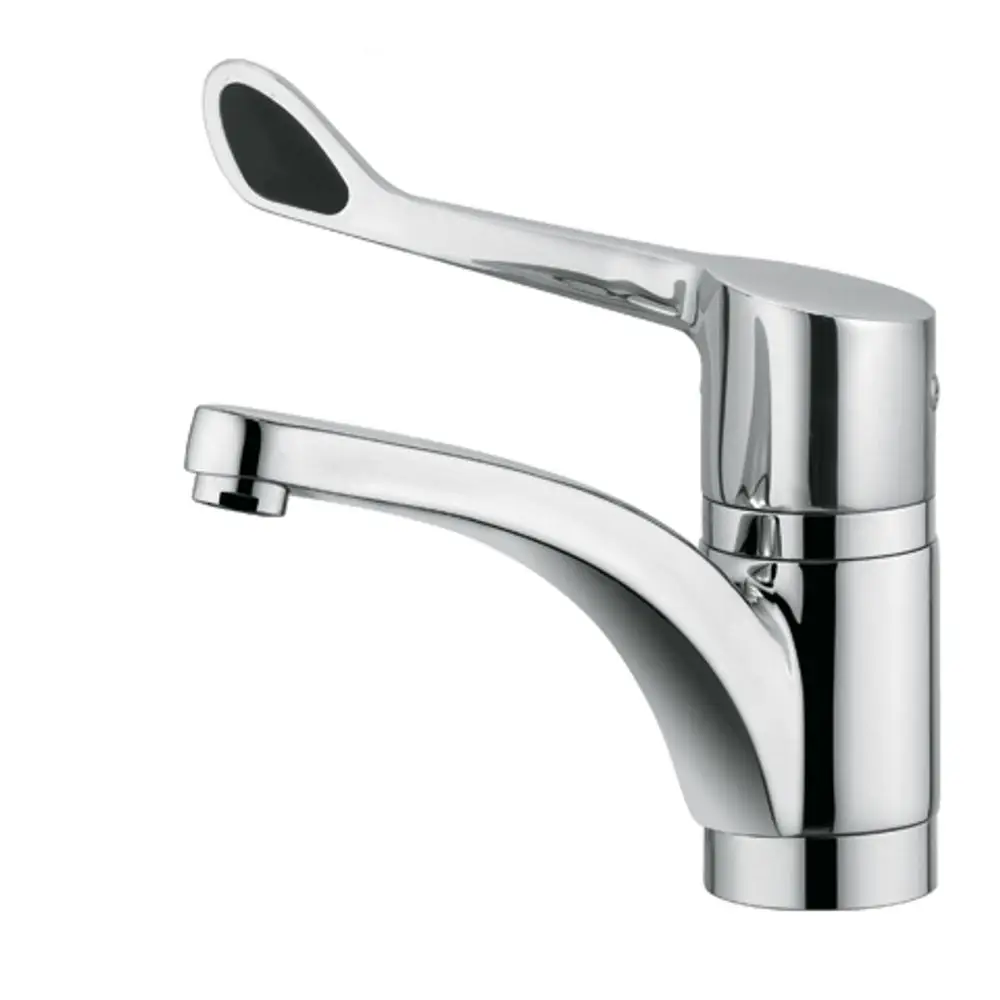 Edelstahl-Küchenarmatur mit einem langen Hebel, designed für einfache Bedienung. Marke Kludi, glänzende Oberfläche und schlichte Form.